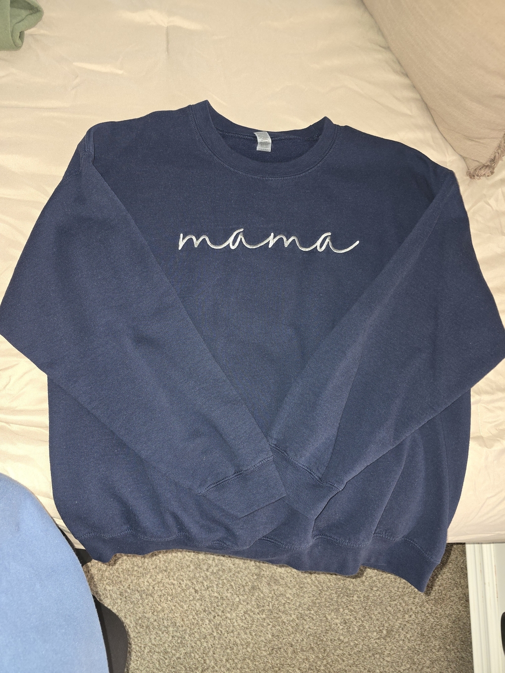 Embroidered Gildan Navy Crewneck Sweatshirt with "mama" Script